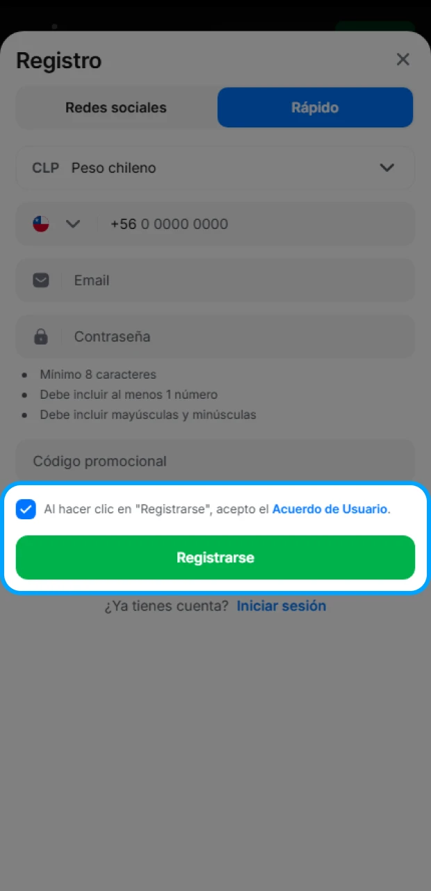 Acepta las normas de la plataforma 1Win y completa el registro.