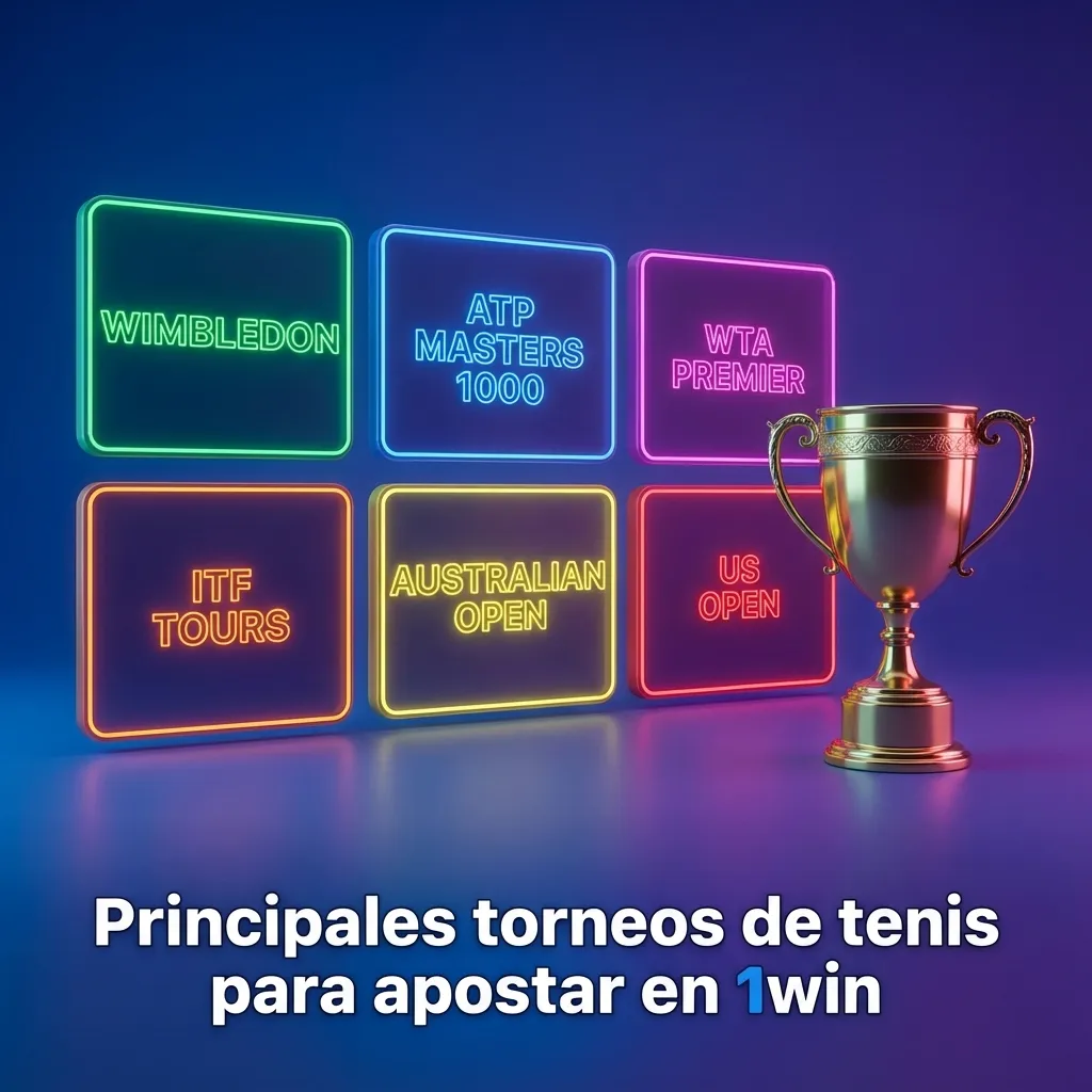 Collage de torneos de tenis famosos con logotipos y pelotas, resaltando opciones de apuestas en 1win