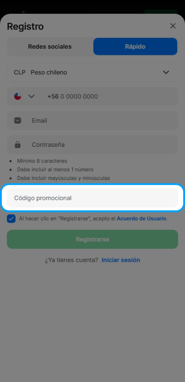 Introduce el código promocional al registrarte en 1Win, si lo tienes.